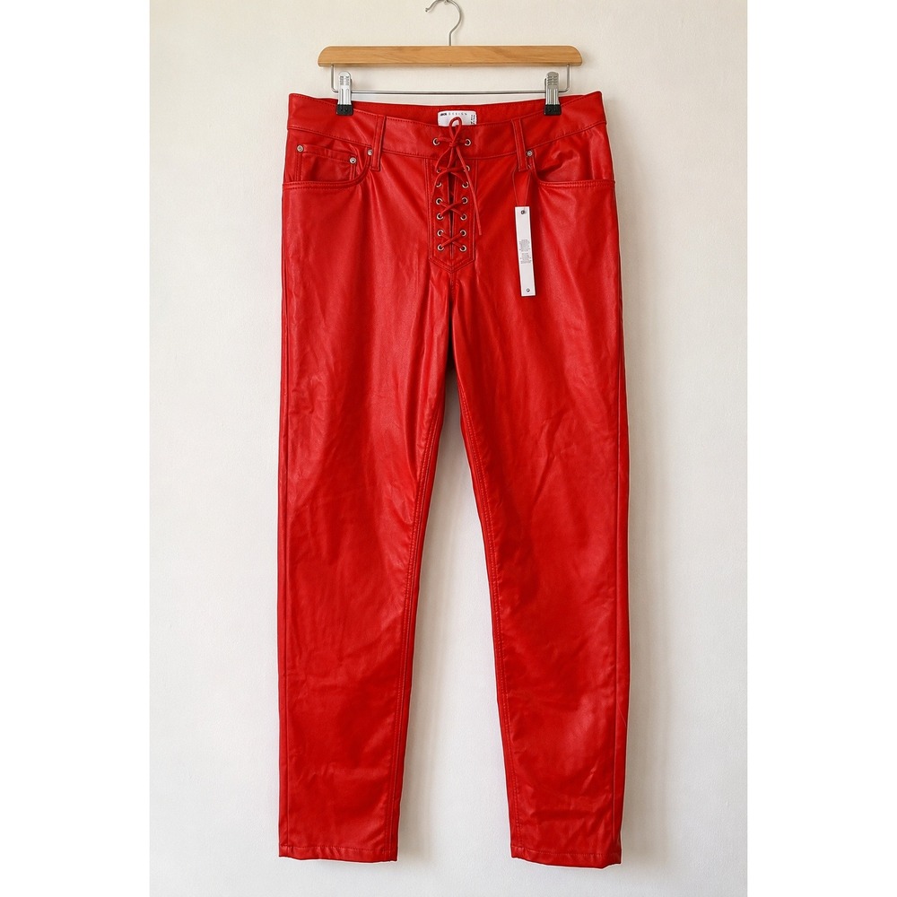 ASOS Design Mens Vegan Leather Lace Up Pants NWT Red 32x28 Slim Fit Rocker Edgy